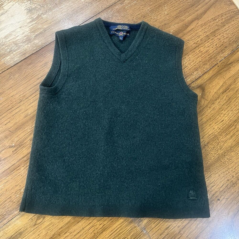 Vintage Tommy Hilfiger Merino Wool Sweater Vest Youth Large Green Made in Japan